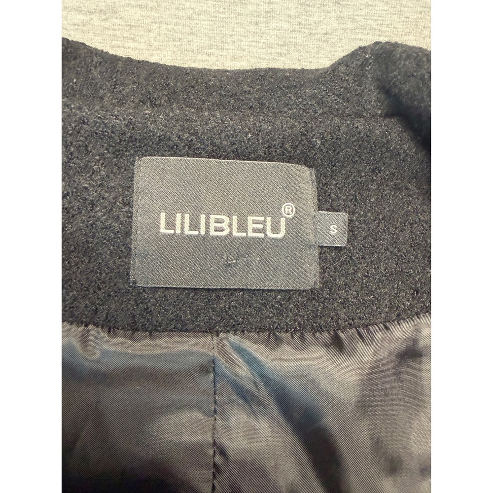 LILIBLEU Black Wool Blend Cropped Pea Coat Peter Pan Collar Double Breasted S - Picture 6 of 9